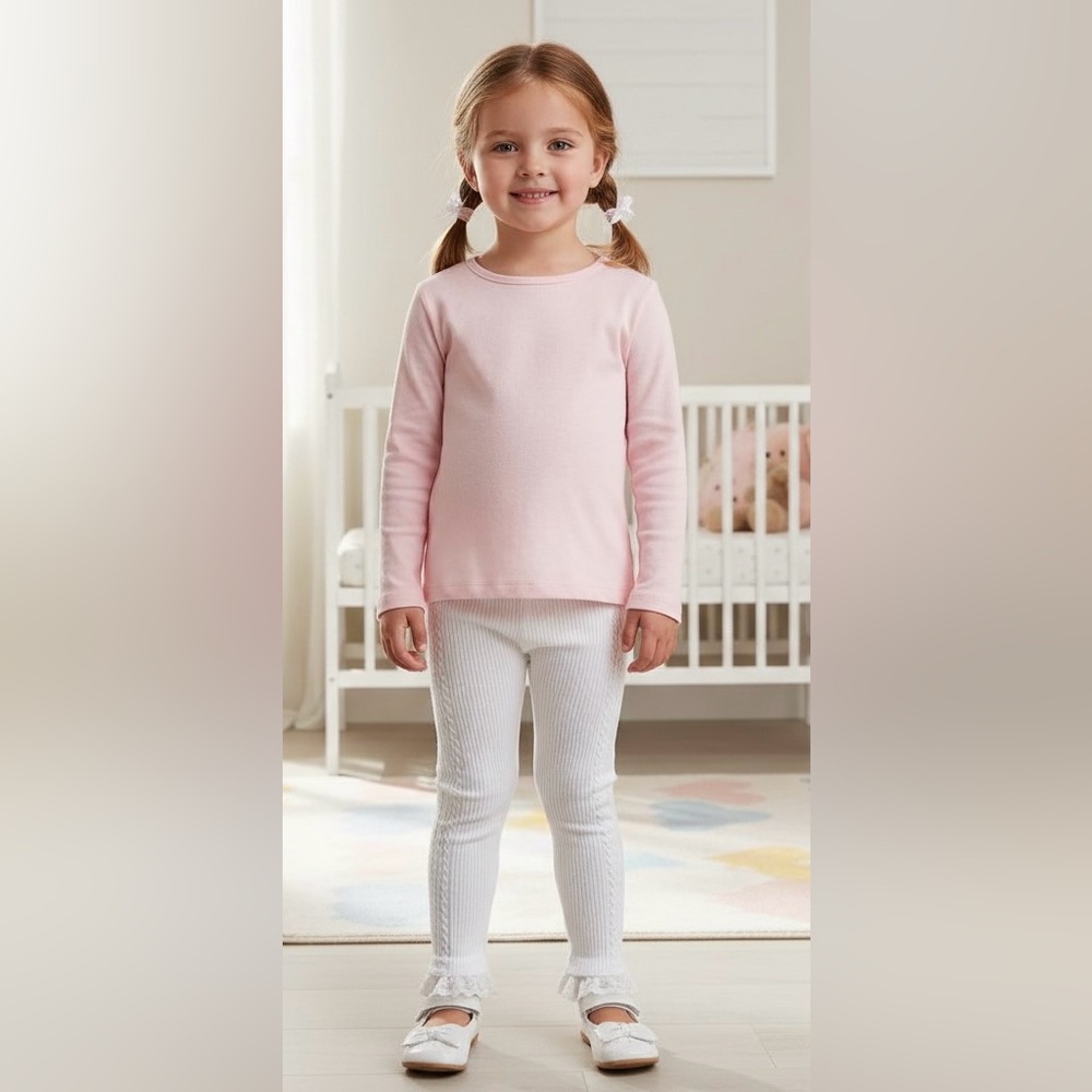 NWOT White Ruffled Ribbed Knit Leggings Lace Trim, Cable Knit Style, Size 3T